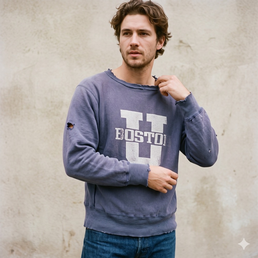Vintage 80s Sand-Knit Mens Boston U Sweatshirt Large Blue Distressed Collegiate